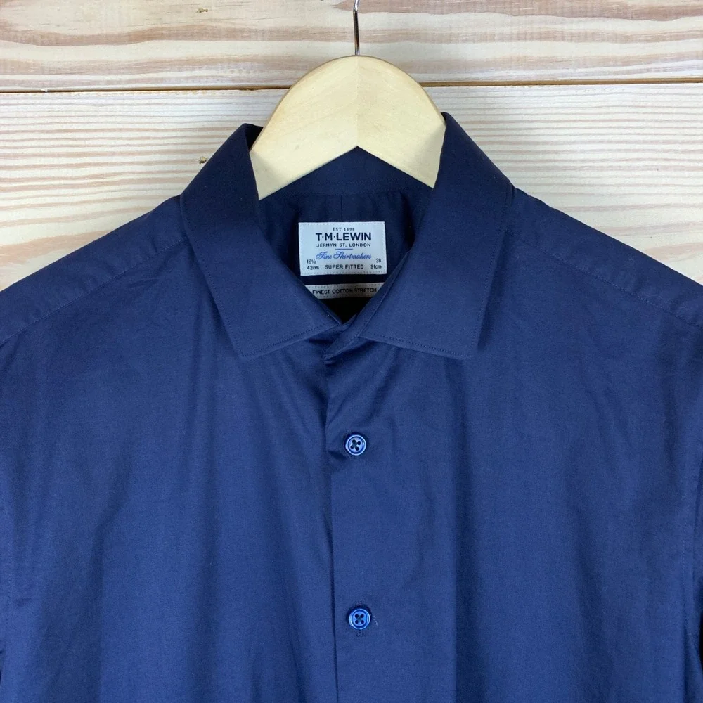 T.M. Lewin Dress Shirt Mens 16.5 42cm Navy Super Fitted Cotton Luxury Shirtmaker - Picture 2 of 8